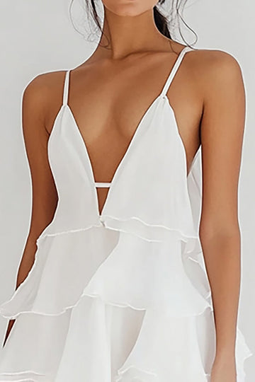 White Chiffon Tiered A Line Short Graduation Dress with Ruffles
